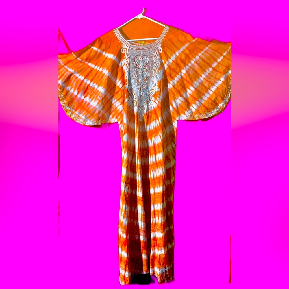 70s Vintage Orange Tie Dyed Hippie Maxi Dress Boho Robe 2X Handmade